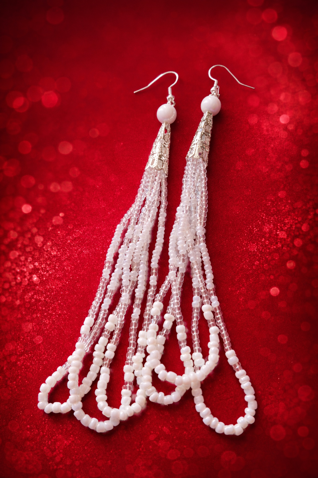 White Beaded Fringe Earrings